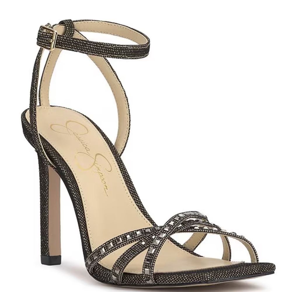 Jessica Simpson Leonah embellished Bronze/black strappy dress heel size 7.5